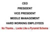 A pyramid scheme is shown with the words ceo, president, vice president and middle management.